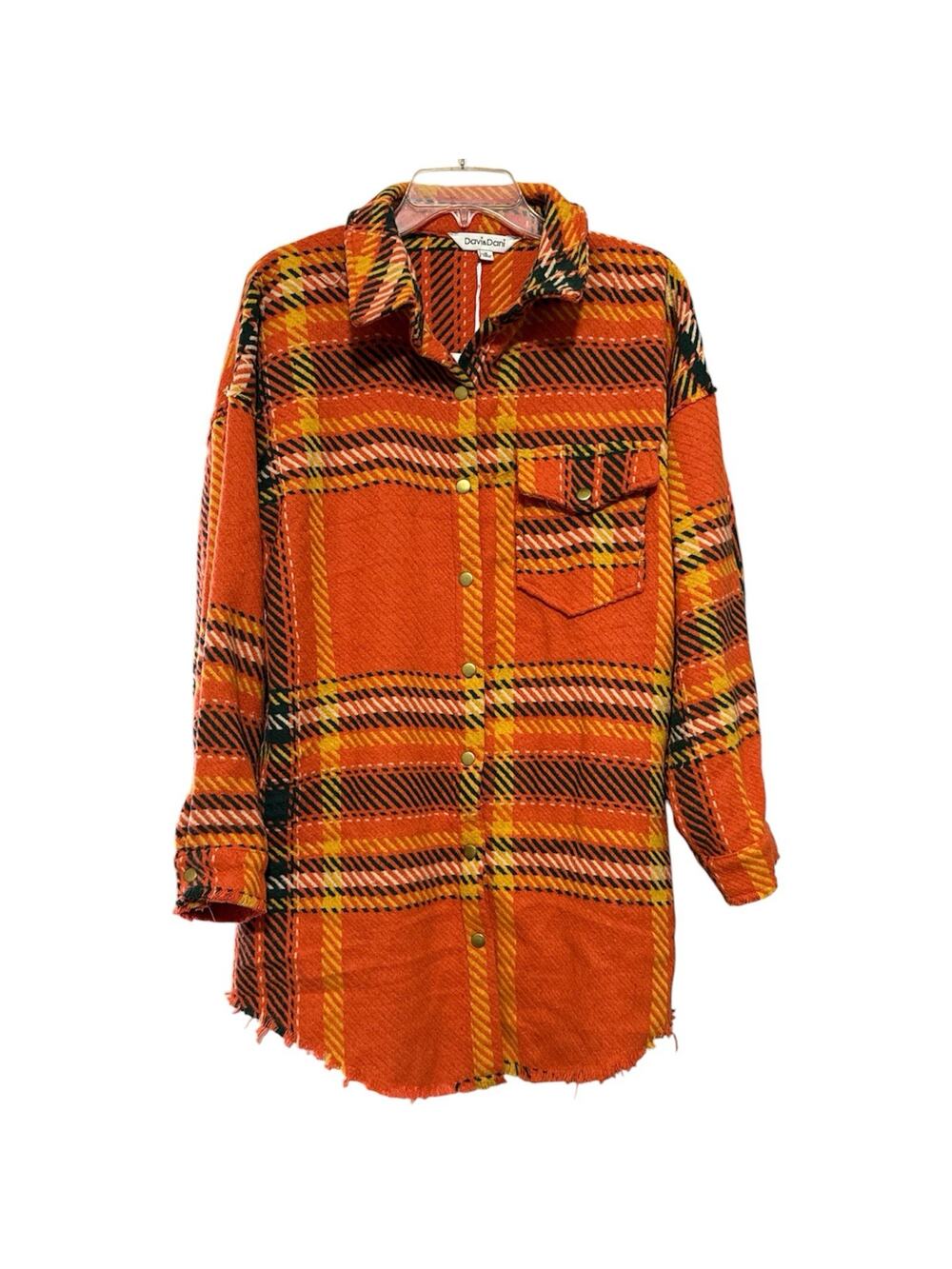 Davi & Dani Orange Plaid Button Front Shacket Size Medium